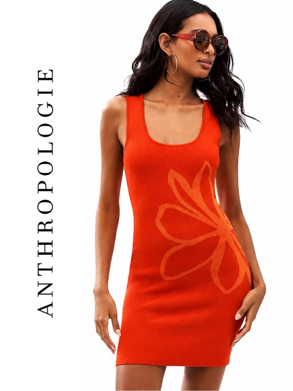 Anthropologie Flat White Sleeveless Square-Neck Flower-Printed Knit Mini Dress